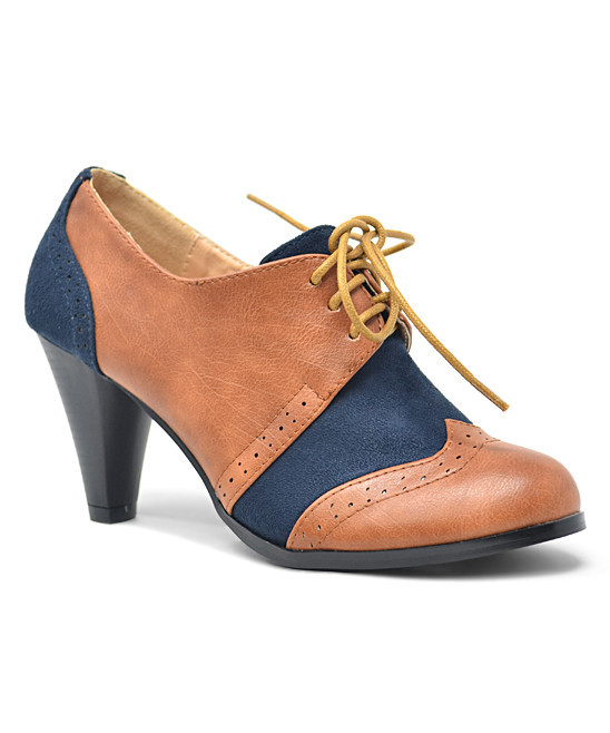 Chase & Chloe Women's Pumps COGNAC/NAVY - Cognac & Navy Wingtip Dora Pump - Women | Zulily