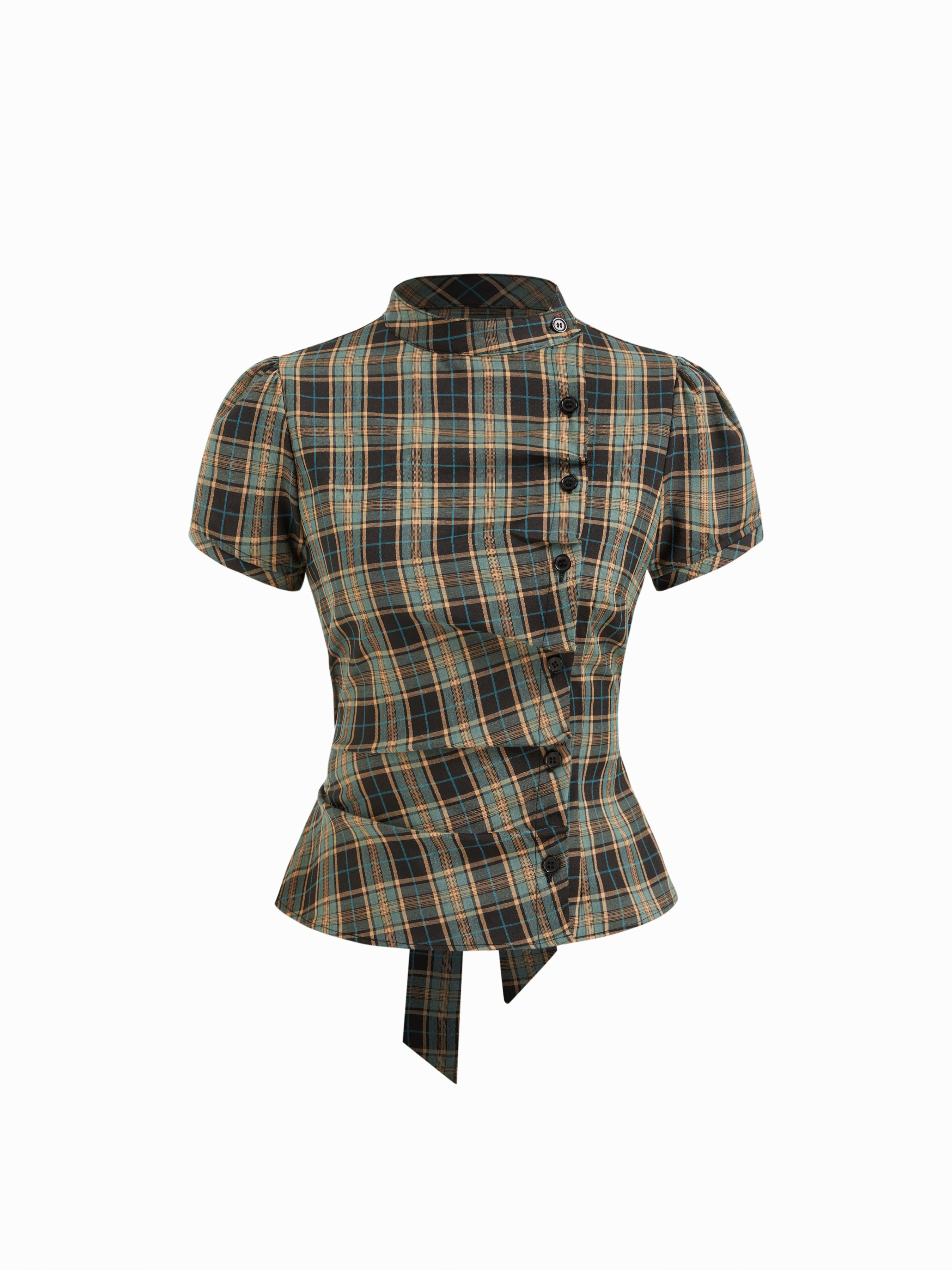 Woven Plaid Stand Collar Puff Sleeve Tie Back Button Blouse For Daily Casual | Cider