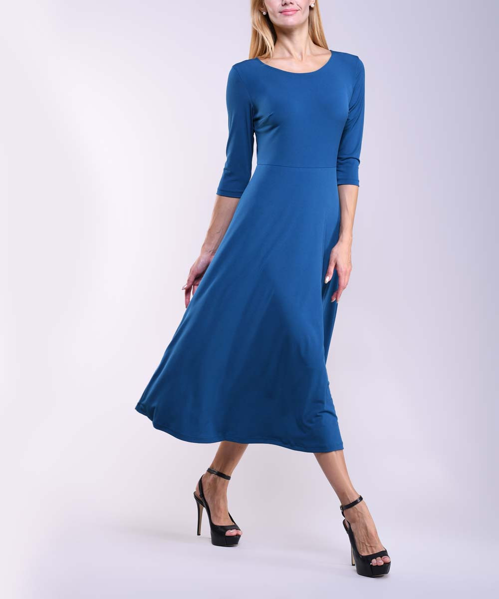 Lbisse Women's Casual Dresses Solid - Teal Half-Sleeve A-Line Midi Dress - Women & Plus | Zulily