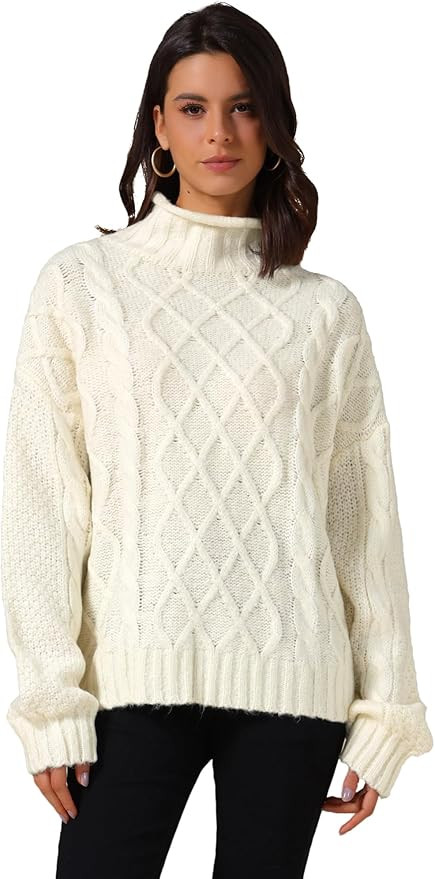 Allegra K Women's Cable Knit Sweaters Loose Fit Tops Turtleneck Long Sleeves Pullover Casual Outf... | Amazon (US)