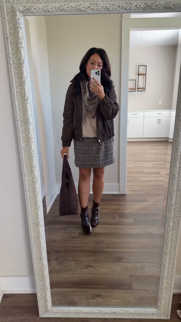 Weekly Target Tuesday finds! 🎯 This is the most perfect fall outfit! Love chocolate brown this season. Skirt is Amazon. The boots are a new @Target find and beautiful! The color and toe shape are so cute. Got this scarf in a few different colors - super on trend. Bomber is too cute!

#LTKootd #LTKSeasonal #LTKdayinmylife