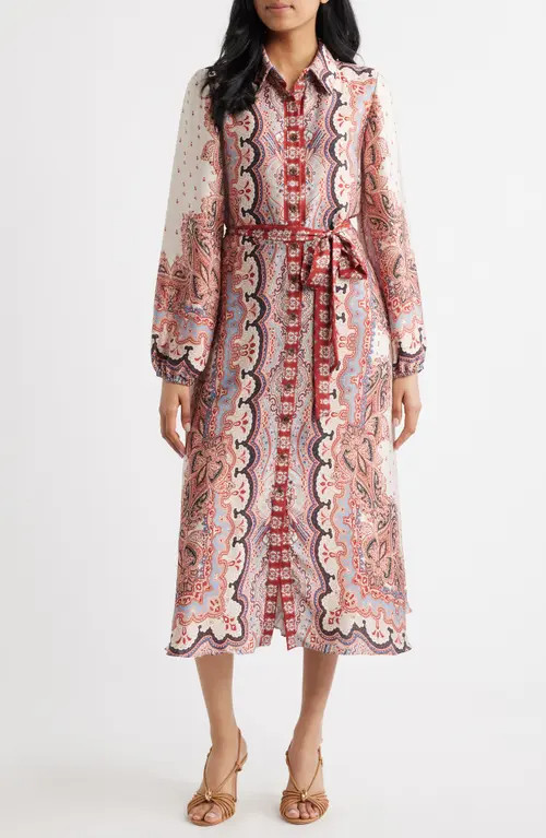 Julia Jordan Mixed Paisley Long Sleeve Midi Shirtdress in Rust Multi at Nordstrom, Size 2 | Nordstrom