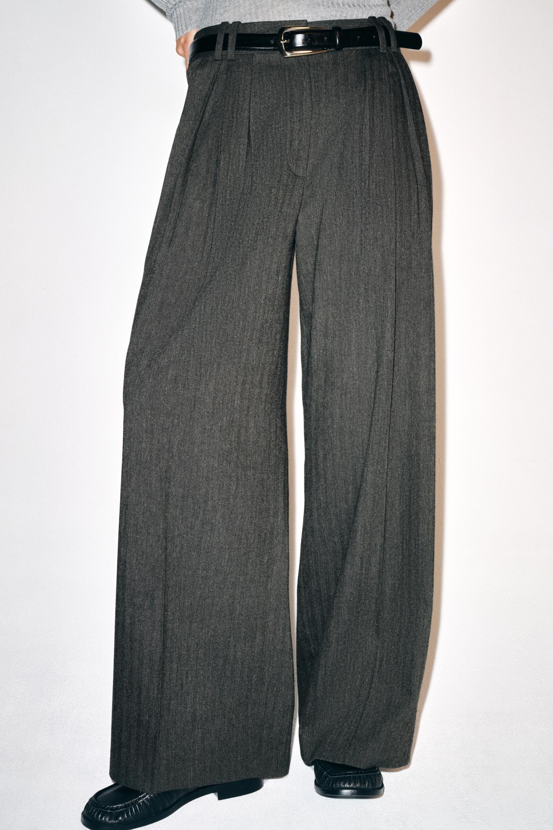 Zara - Zw Collection Herringbone Wide-Leg Pants - Dark Gray - S - Woman | Zara US