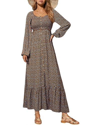 Dokotoo Spring Dresses for Women 2026 Elegant Classy Summer Boho Floral Square Neck Smocked Long Sleeve Button Empire Waist Summer Casual A Line Swing Resort Wear Long Maxi Dress Sundress Large Brown | Amazon (US)