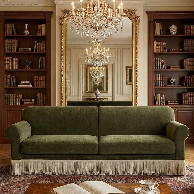 Boho Sofa for Living Room - 86" 3-Seater Couch with Fringe Green Chenille Upholstered with Tassel... | Amazon (US)