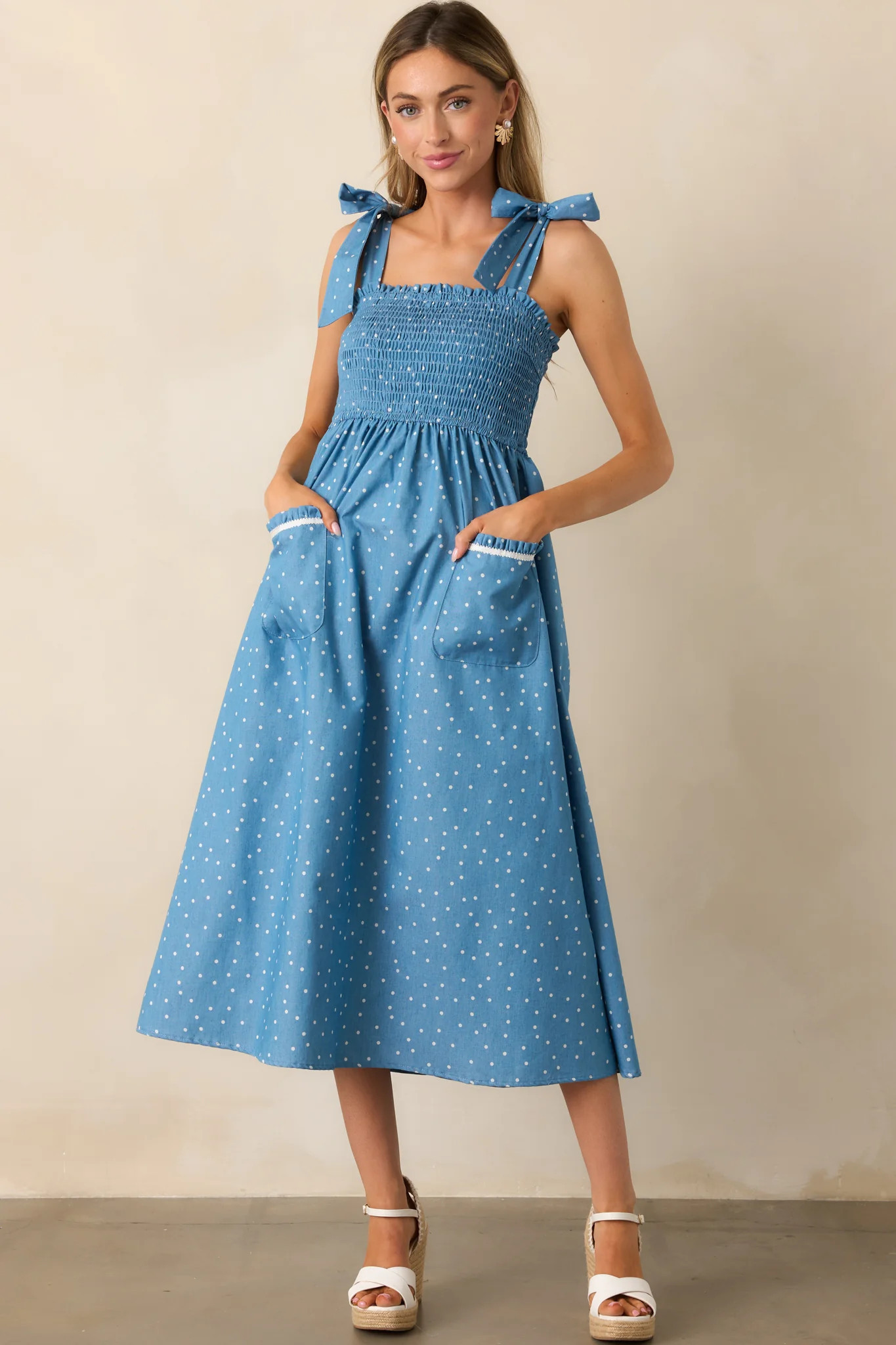 Picnic in The Park Blue Polka Dot Midi Dress | Red Dress
