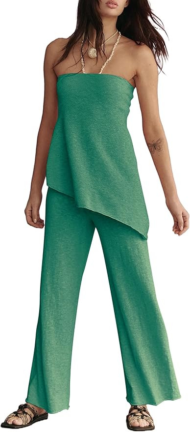 Summer Knit Sweater Sets for Women 2 Piece Vacation Outfits Strapless Tube Top and Pants Sets Mat... | Amazon (US)