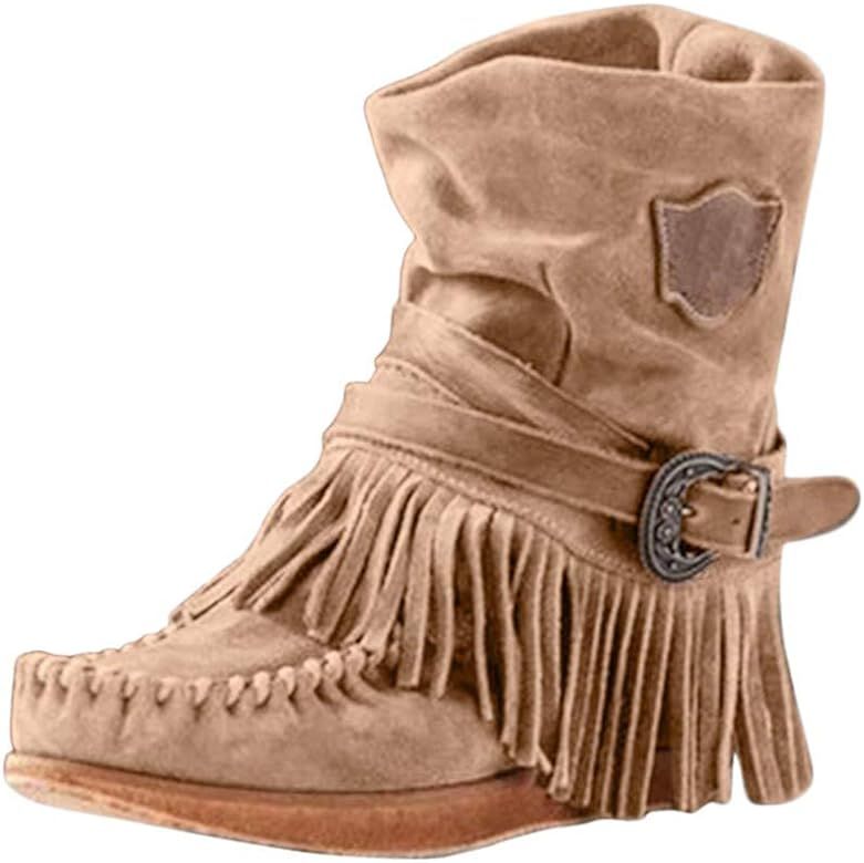 Women's Tassel Ankle Boots,WUAI Retro Chic Suede Roman Midi Calf Boots Adjustable Buckle Fringe Mocc | Amazon (US)