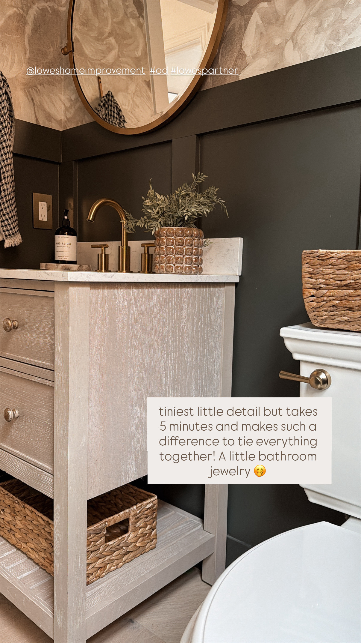  $20 and 5 minutes to swap out our toilet tank lever to this brushed gold one from @loweshomeimprovement! Ties everything together perfectly in here for the easiest refresh 🙌 Linking my favorite powder bath baskets here, too!  #ad #lowespartner  

 #LTKHome