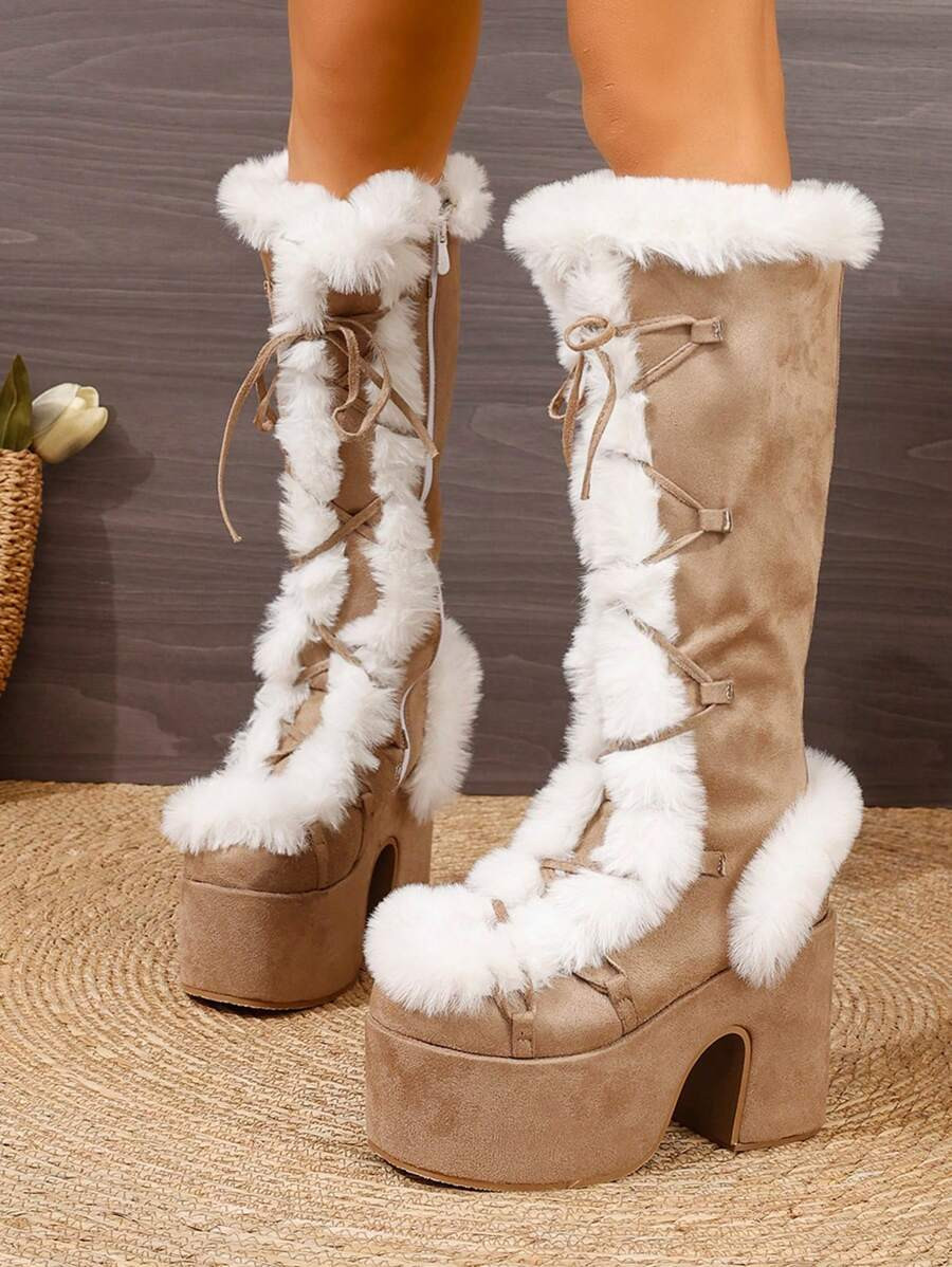 Women's Knee-high Y2k Punk Style Plush Boots In Brown | SHEIN