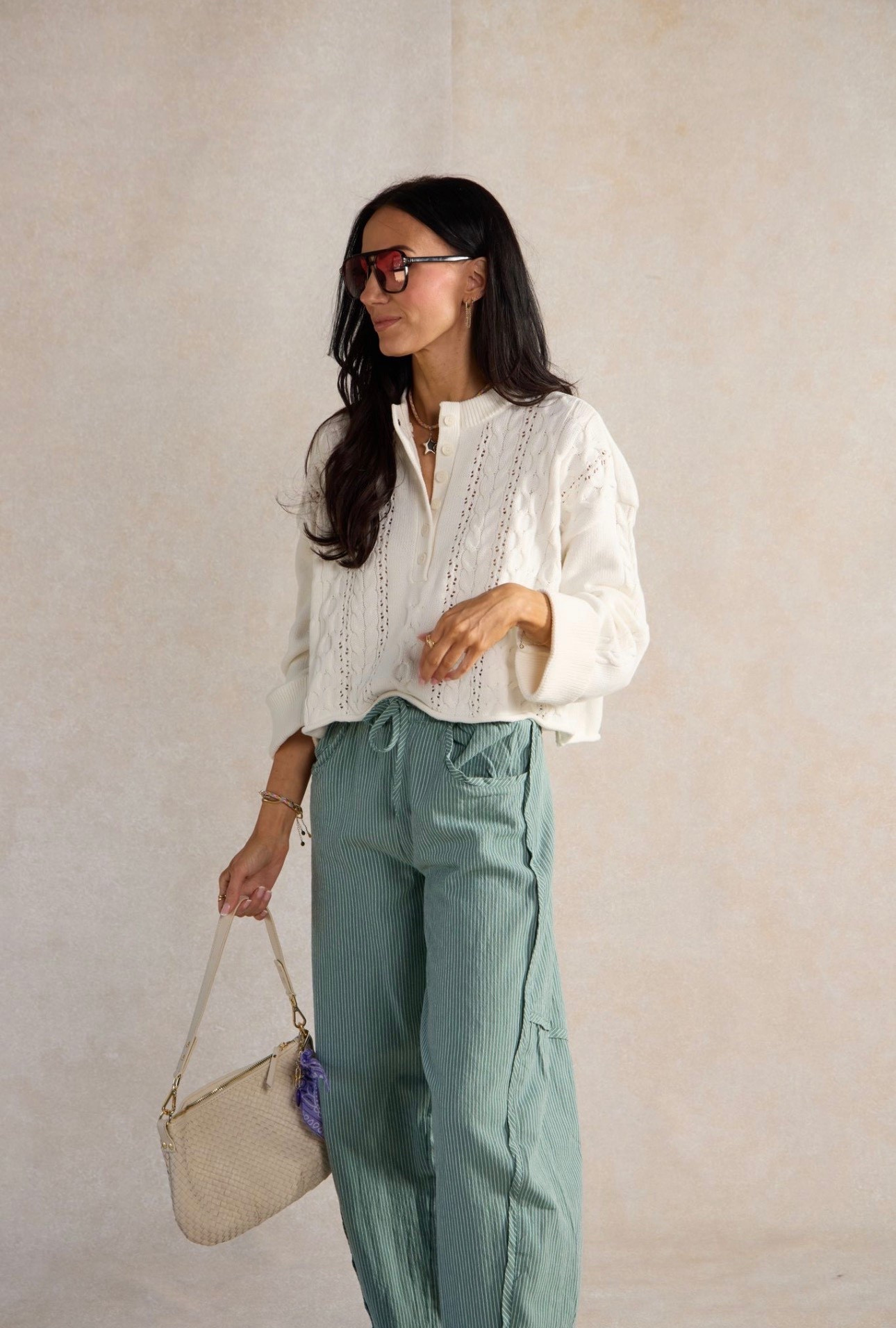 These green pants are a dream. Love how they look with so many pastel accessories for spring 