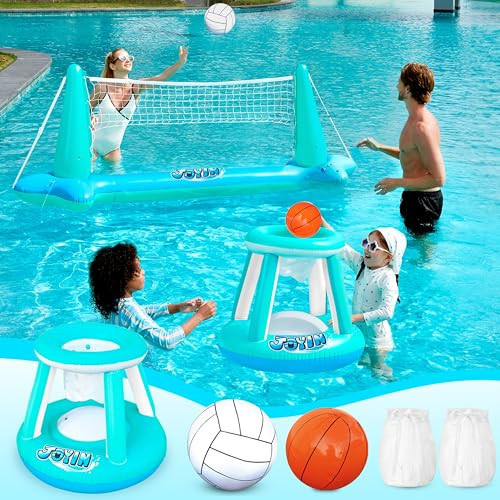 JOYIN Inflatable Pool Float Set Volleyball Net & Basketball Hoops, Floating Swimming Game Toy for Kids and Adults, Summer Floaties, Volleyball Court (105”x28”x35”)|Basketball (27”x23”x27”),L-Blue | Amazon (US)
