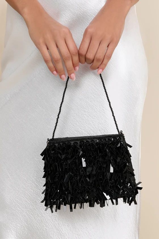 Party Professional Shiny Black Beaded Fringe Handbag | Lulus