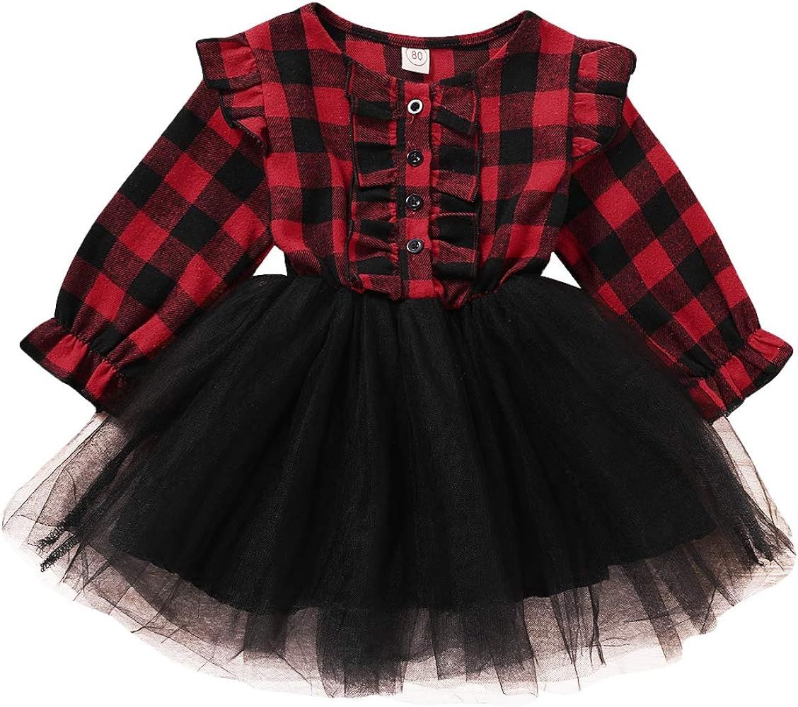 Toddler Baby Girls Christmas Outfit Buffalo Plaid Ruffle Long Sleeve Shirt Tutu Skirt Dress Cloth... | Amazon (US)