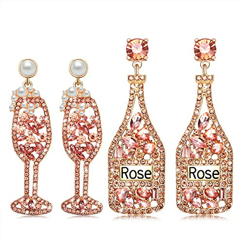 2 Pairs Rhinestone Champagne Bottle Earrings Crystal Wine Glass Dangle Earrings for Women Delicate Champagne Flute Earrings Party Celebration Jewelry Gifts (Champagne 2) | Amazon (US)