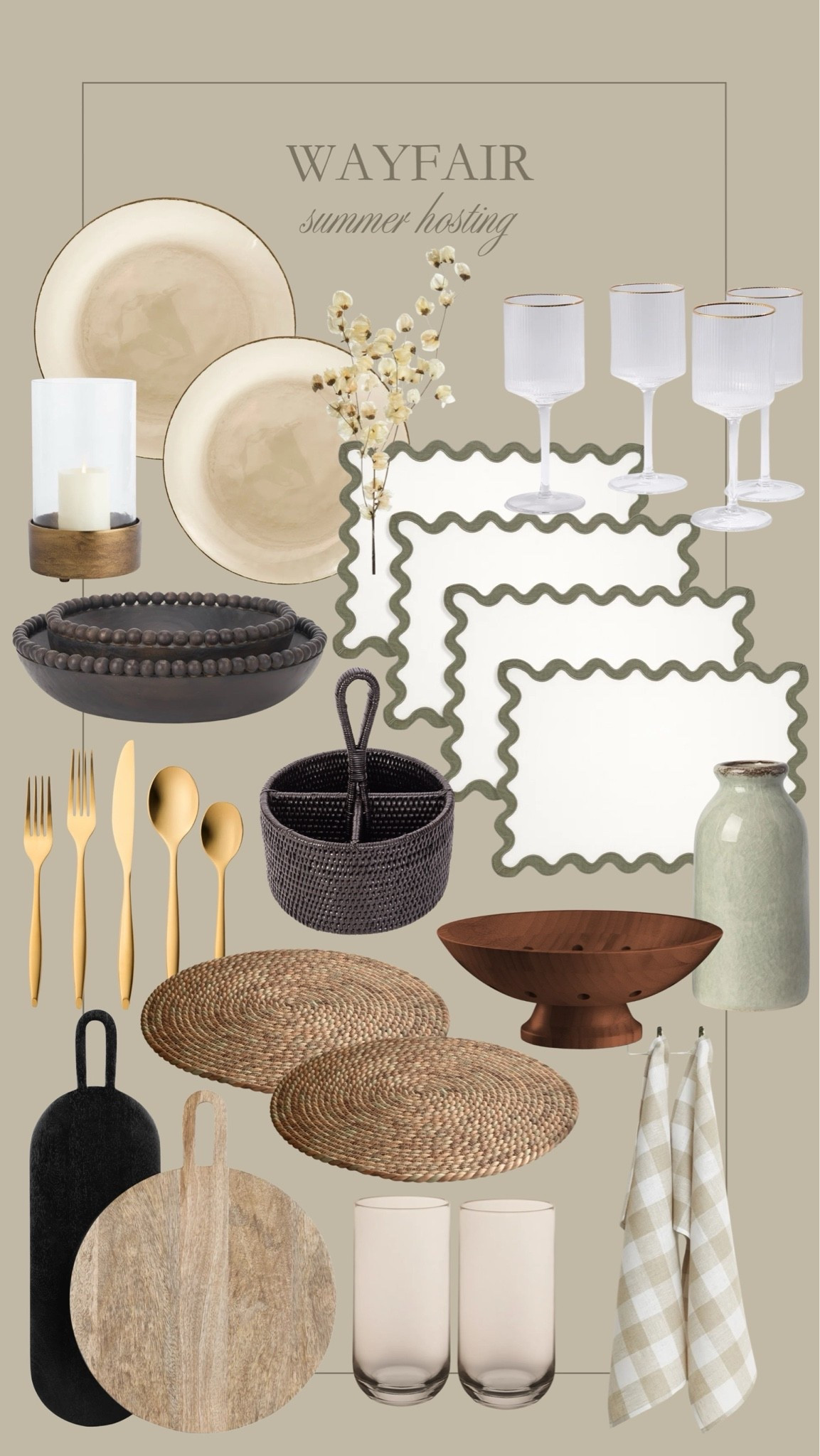 Wayfair summer hosting 🤎😍 Perfect Wayfair finds for a summer dinner party! I love the wooden bowl, scallop place mats, and pretty candle hurricane glass. 🙌🏻
