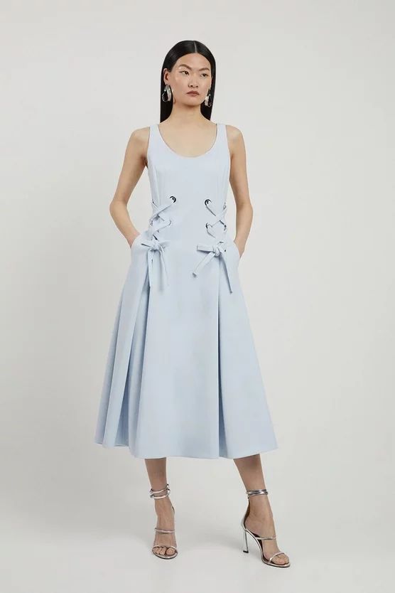 Compact Stretch Eyelet Detailed Ribbon Midi Dress | Karen Millen US