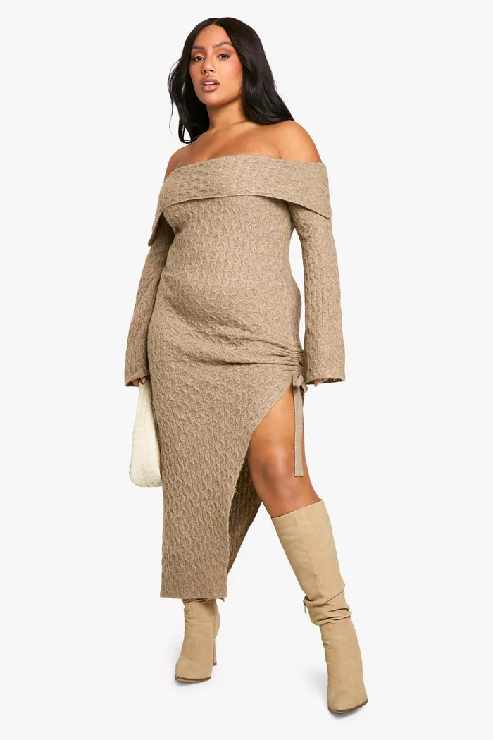 Plus Soft Cable Asymmetric Hem Bardot Maxi Dress | boohoo (US & Canada)