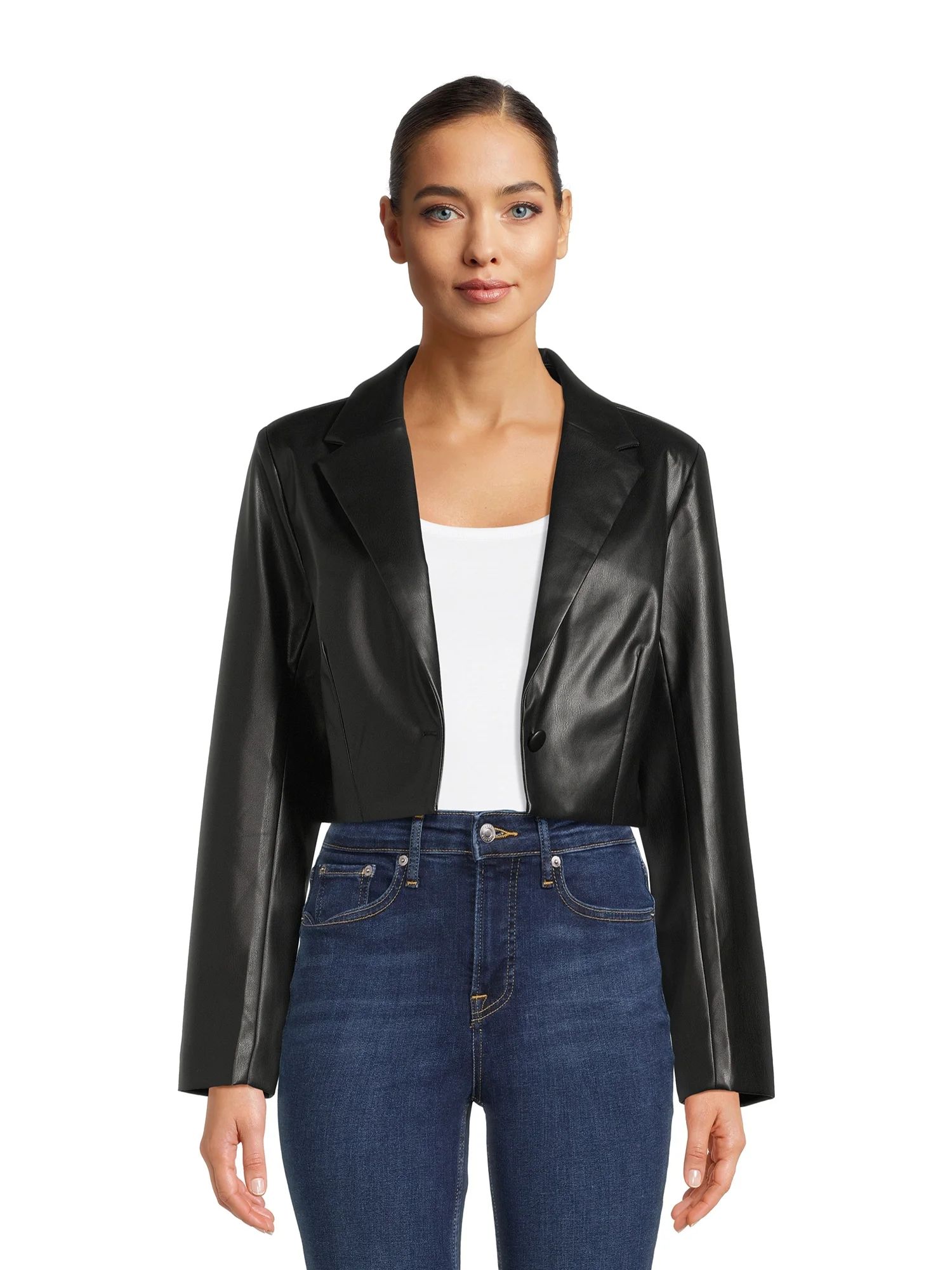 Planet Gold Juniors' Faux Leather Cropped Blazer, Sizes XS-XXXL | Walmart (US)