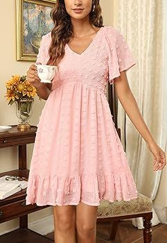 Zattcas Womens 2024 Summer Smocked Dress Short Flutter Sleeve V Neck Swiss Dot Babydoll Ruffle Ti... | Amazon (US)
