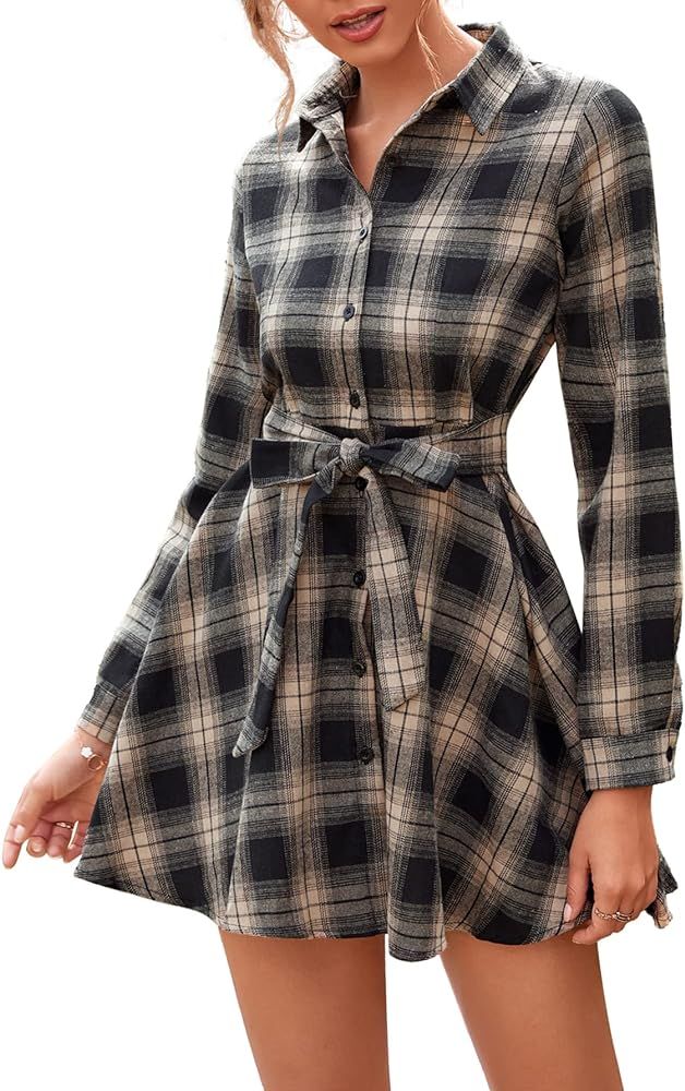 LYANER Women's Plaid Button Down Collar Ruffle Hem Long Sleeve T-Shirt Dress with Belt | Amazon (US)
