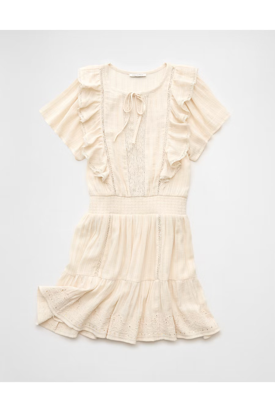 AE V-Neck Ruffle Mini Dress Women's Cream S | American Eagle Outfitters (US & CA)
