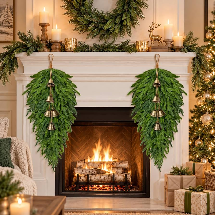 ICX 2 Pcs Christmas Swag with Bells, 28" Norfolk Pine Teardrop Door Swag | Amazon (US)