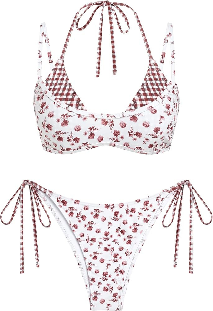 ZAFUL Women's Polka Dot Bikini Set Double Layer Halter Swimsuit Colorblock Side Tie 2 Piece Bathi... | Amazon (US)