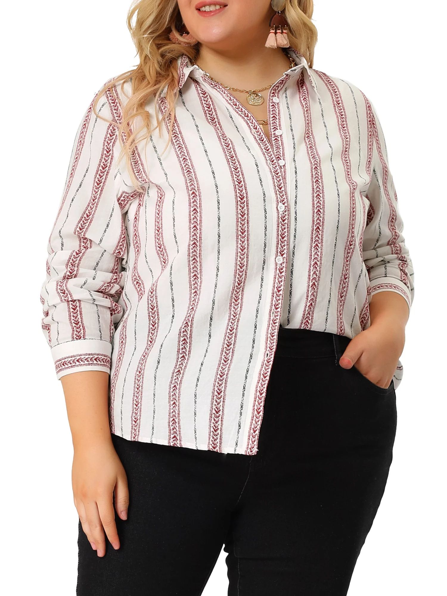 Unique Bargains Women's Plus Size Work Blouse Long Sleeve Button Up Stripe Shirt | Walmart (US)