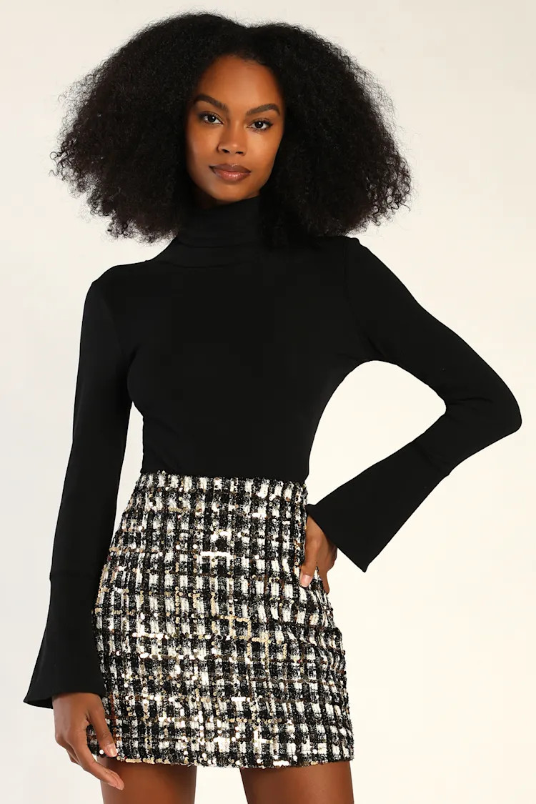 Bubbly Vibe Black White and Gold Sequin Boucle Mini Skirt | Lulus (US)