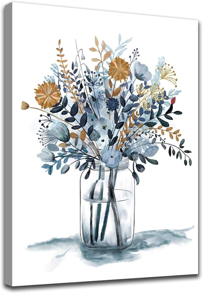 Navy Flowers Canvas Wall Art Watercolor Style Abstract Floral Pictures for Bathroom Wall Decor El... | Amazon (US)