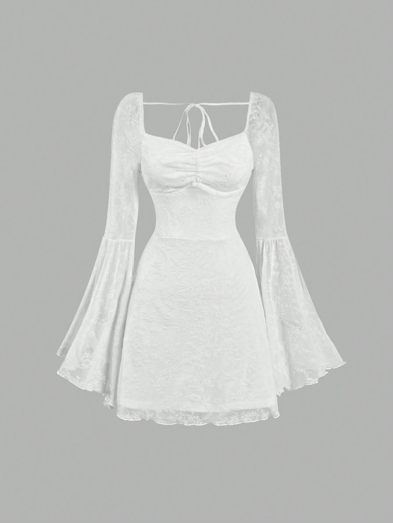 SHEIN MOD Women's Solid Color Lace Bell Sleeve Ruched Elegant A-Line Dress, Spring/Summer | SHEIN | SHEIN