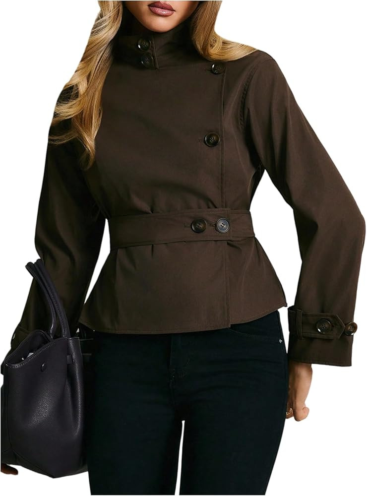 MakeMeChic Women's Long Sleeve Trench Coat Mock Neck Belted Jacket Outerwear | Amazon (US)