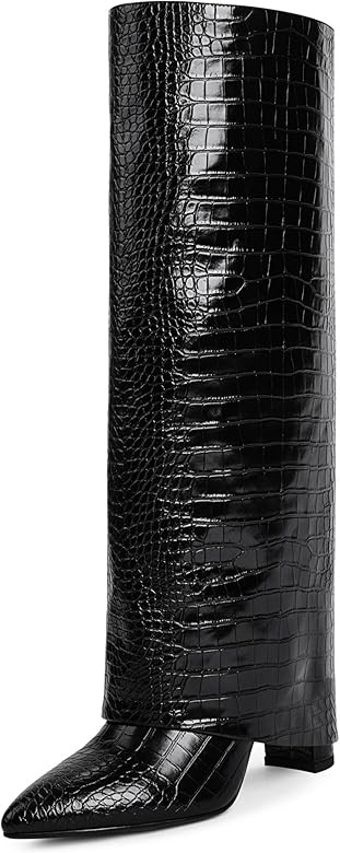 Modatope Knee High Boots Women Fold Over Knee High Boots Chunky High Heels Long Boots Zipper Poin... | Amazon (US)