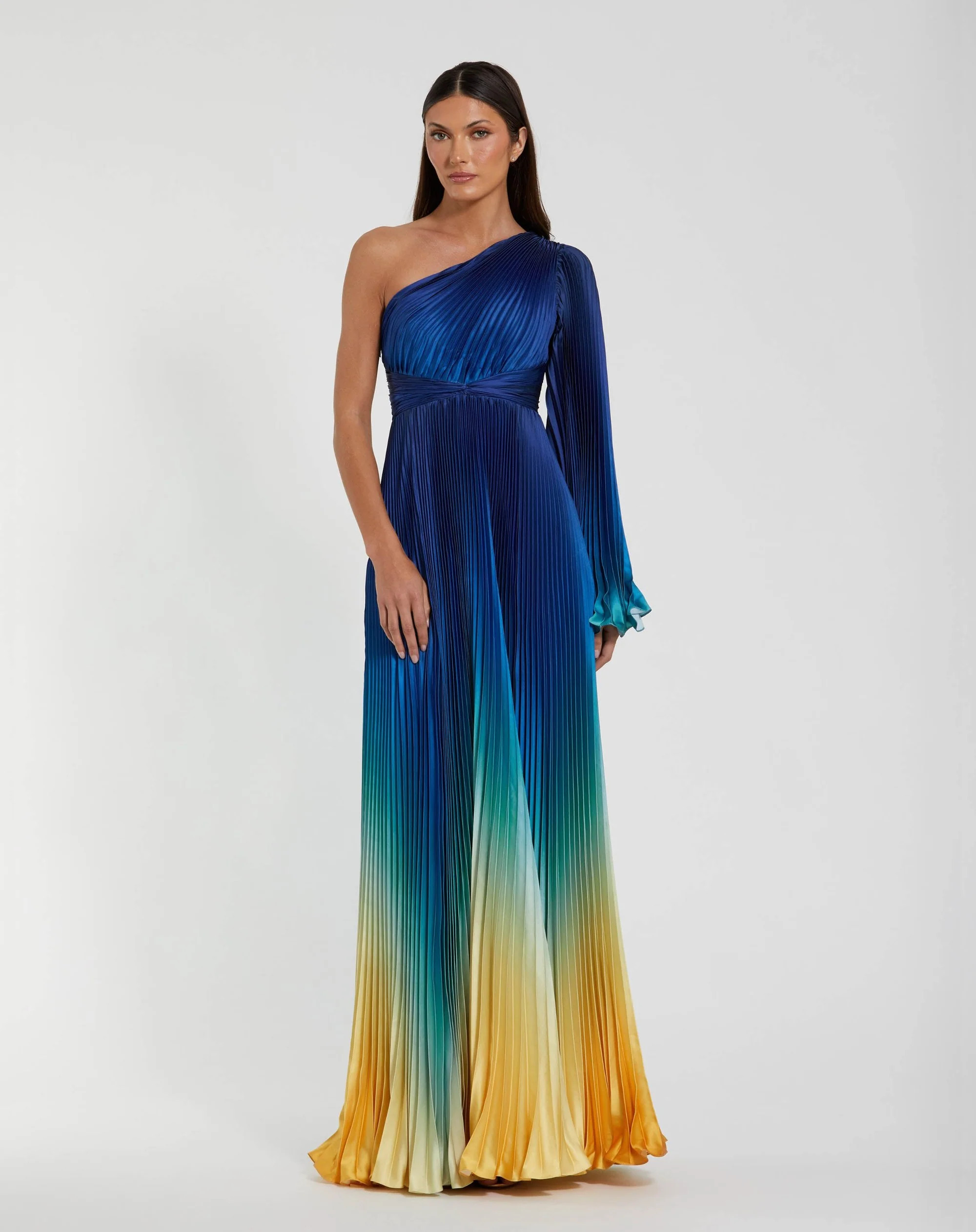 Blue Ombre Pleated Charmeuse One-Shoulder Gown | Mac Duggal | Mac Duggal