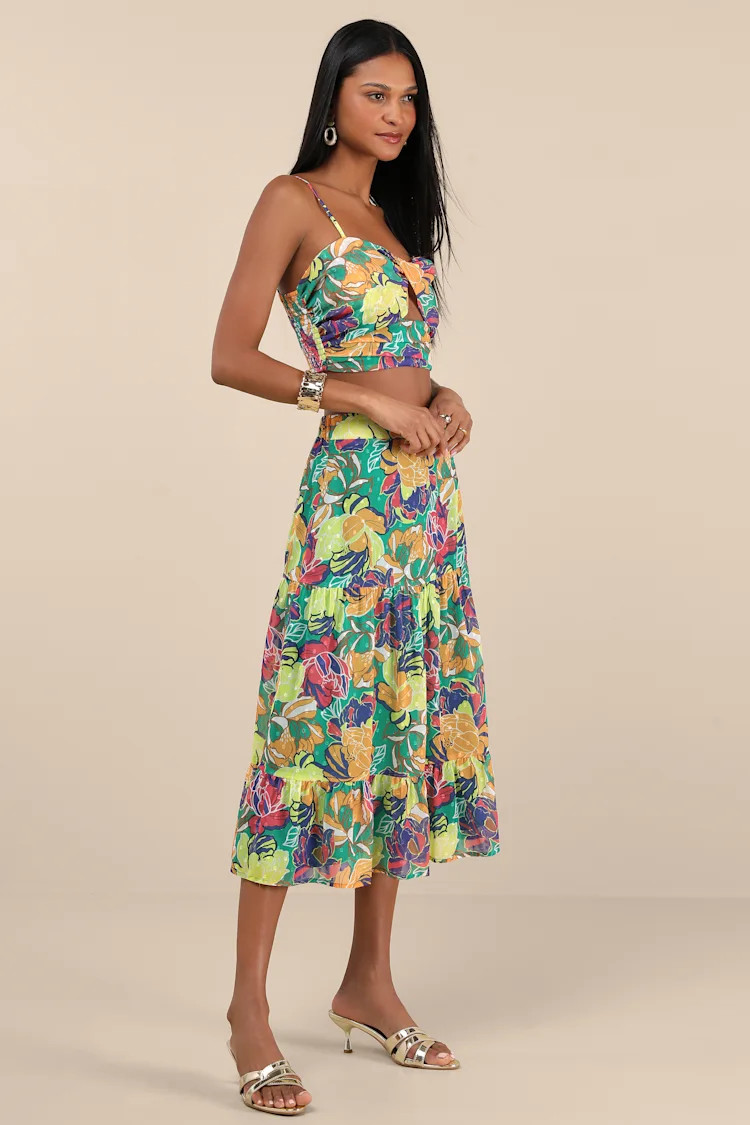 Floating Through Flowers Teal Floral Two-Piece Midi Dress | Lulus