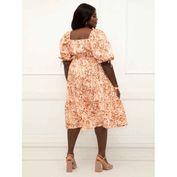 ELOQUII Elements Women's Plus Size Tiered Fit and Flare Midi Dress | Walmart (US)