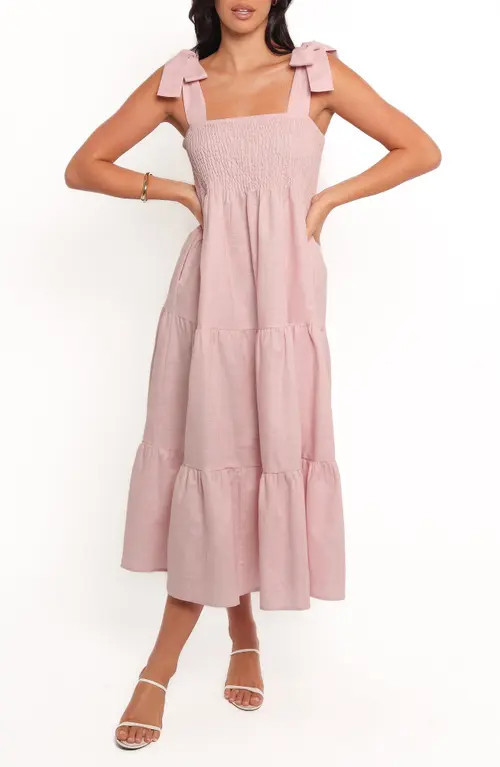 Petal & Pup Giorgi Tiered Linen & Cotton Midi Sundress in Pink at Nordstrom, Size Large | Nordstrom