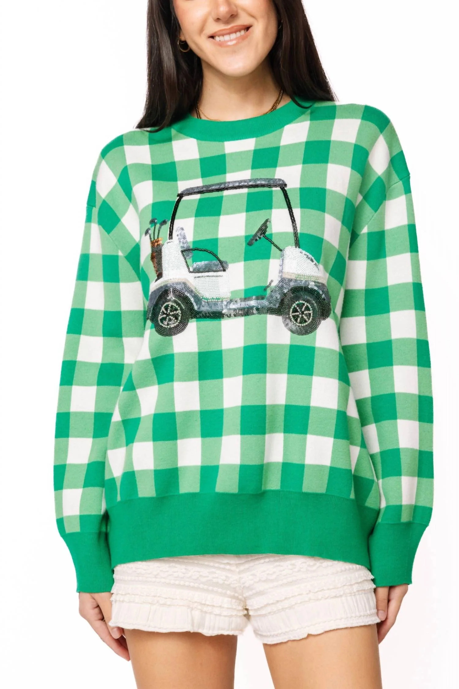 Checkered Golf Cart Sweater In Green & White | Shop Simon