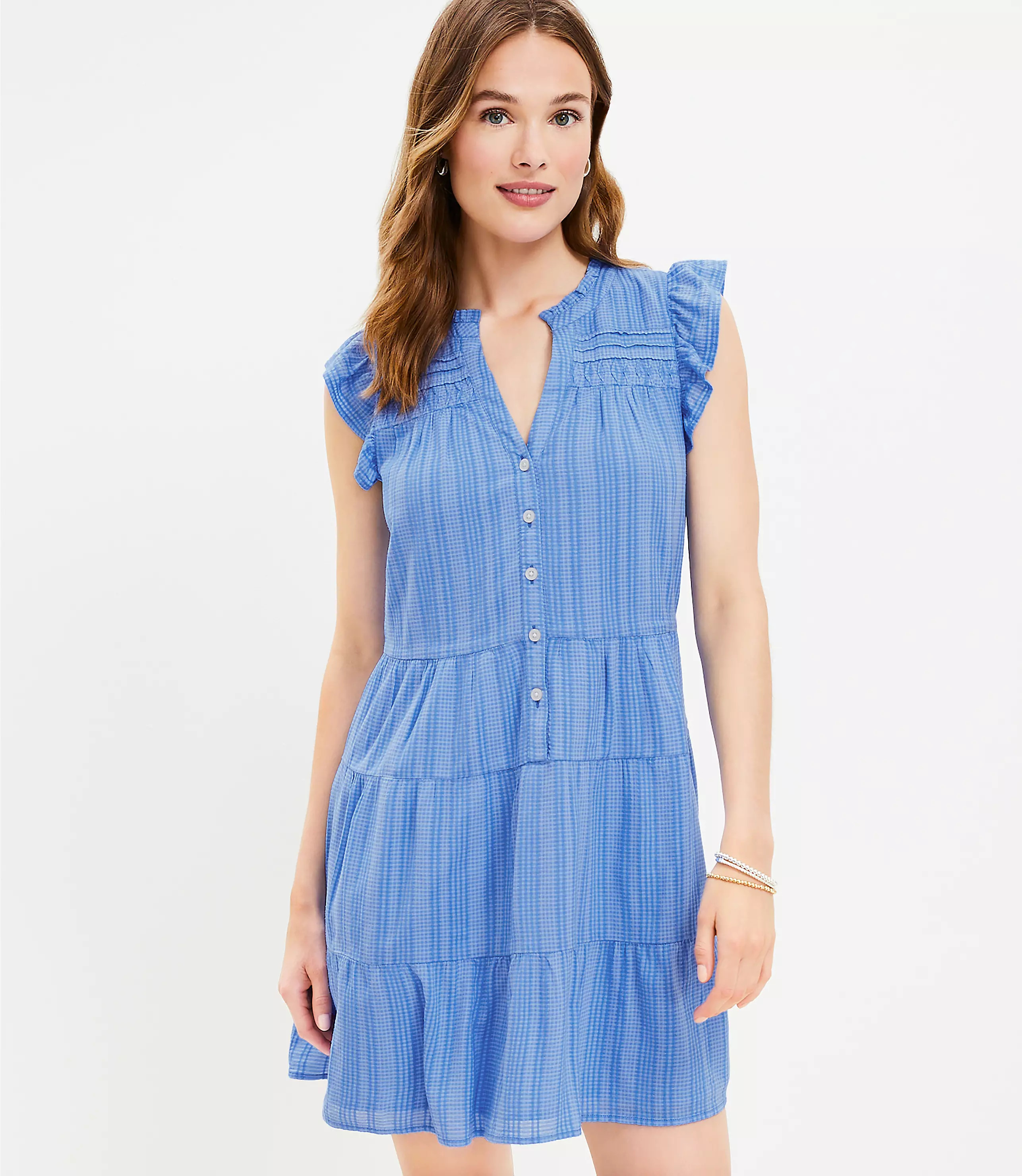 Striped Flutter Button Tiered Swing Dress | LOFT