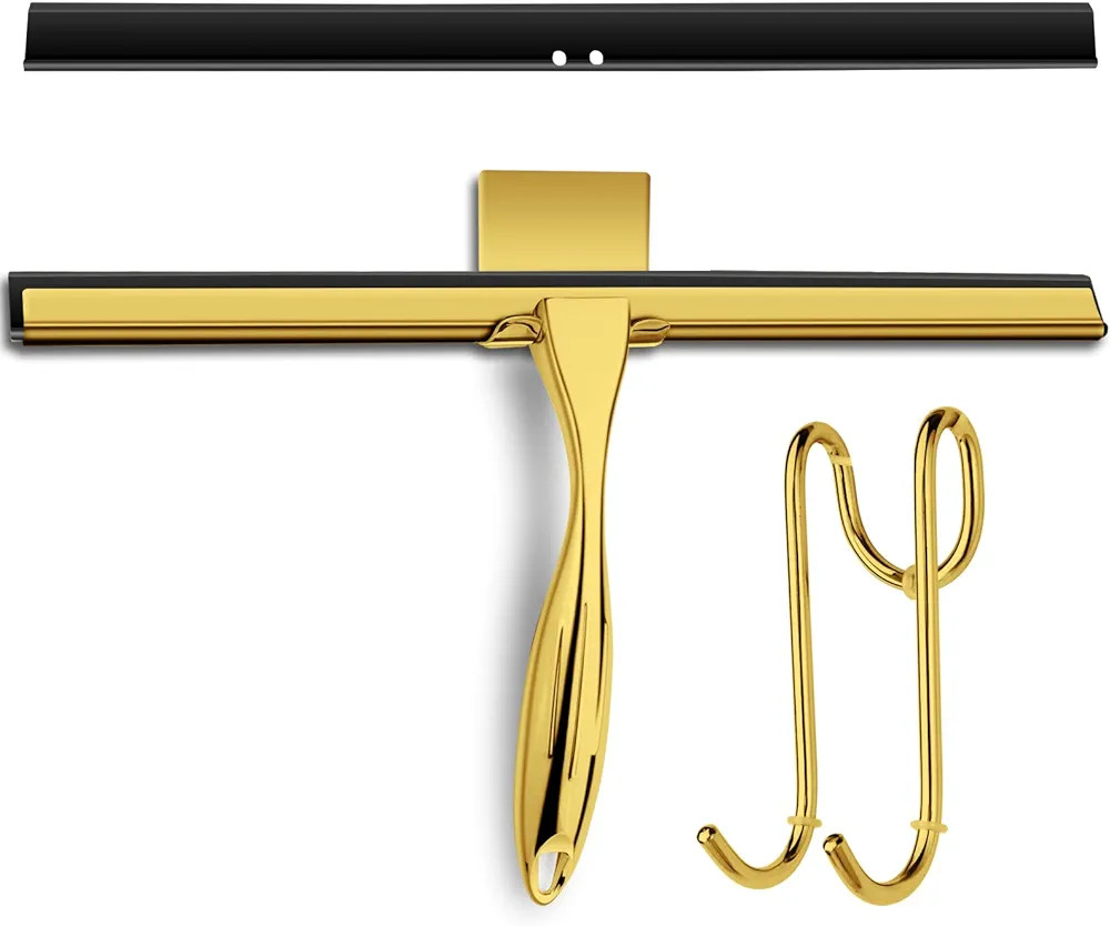 14 Inch Shower Squeegee Stainless Steel with Shower Door Hook and Adhesive Hook Glass Squeegee Ba... | Amazon (US)