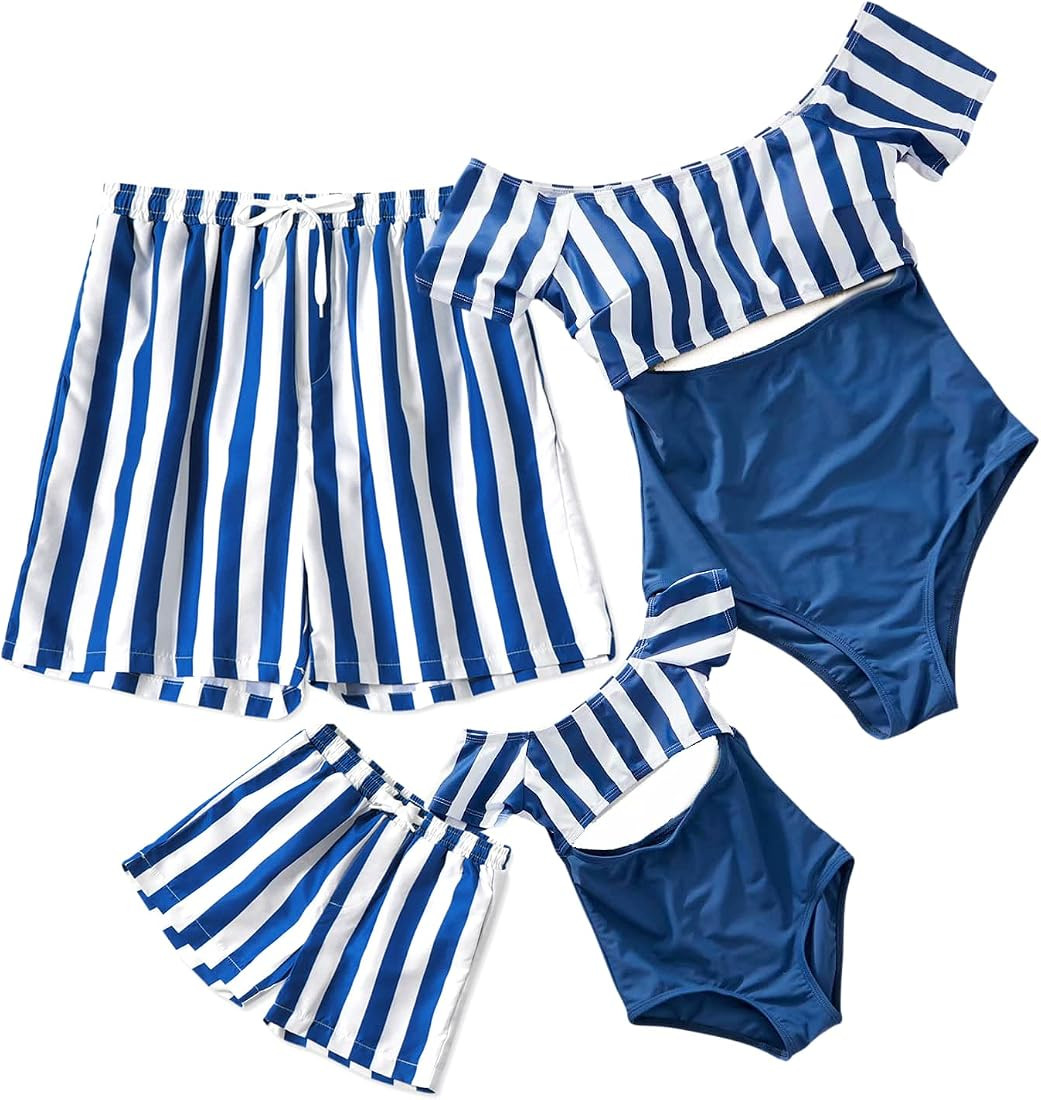 IFFEI Family Matching Swimwear One Piece Bathing Suit Striped Hollow Out Monokini Mommy and Me Be... | Amazon (US)