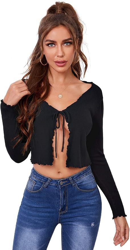 Verdusa Women's Tie Front Long Sleeve Lettuce Trim T Shirt Crop Cardigan | Amazon (US)