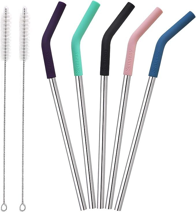 Senneny Set of 5 Stainless Steel Straws with Silicone Flex Tips Elbows Cover, 2 Cleaning Brushes ... | Amazon (US)