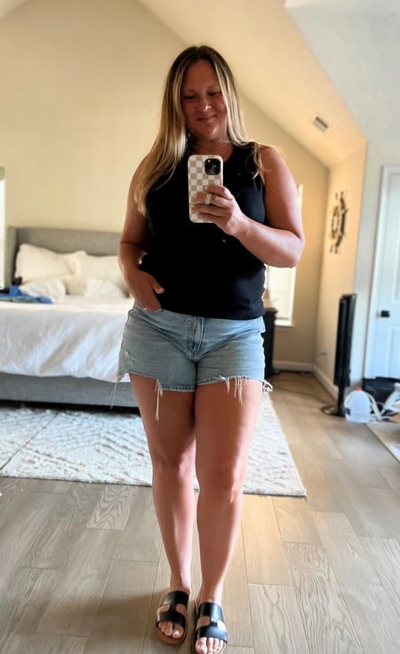 Easy summer outfit formula wearing high neck blank tank, American Eagle shorts, and sandals.

Sizing Reference 
Tank: XXL
Shorts: 18
Sandals: 11

#LTKSeasonal #LTKstyletip #LTKcurves