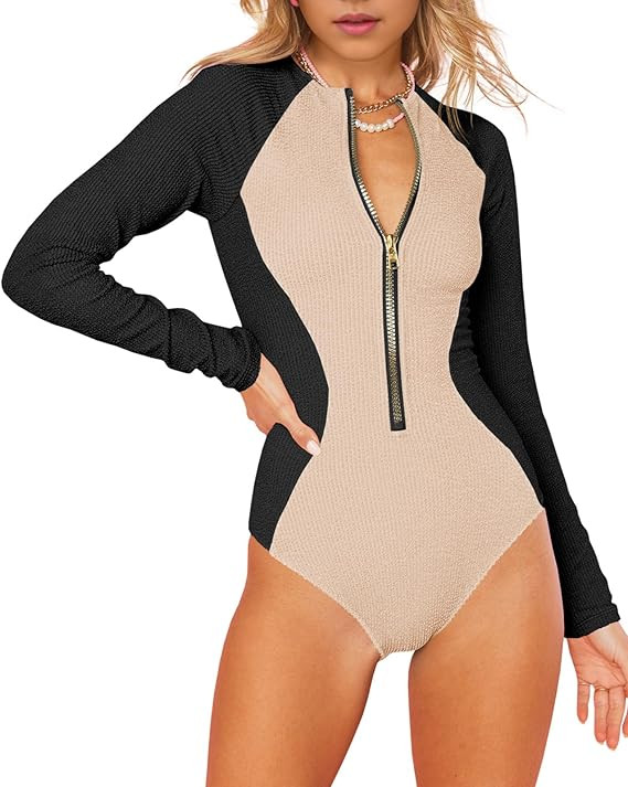 Saodimallsu Women Long Sleeve One Piece Bathing Suit Tummy Control High Neck Color Block Zip Rash... | Amazon (US)