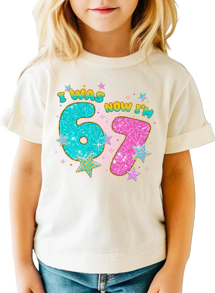 Ink-Printed Glitter I was 6 Now I'm 7 Birthday Shirt for Girls Trendy Six Seven Party T-Shirt | Amazon (US)