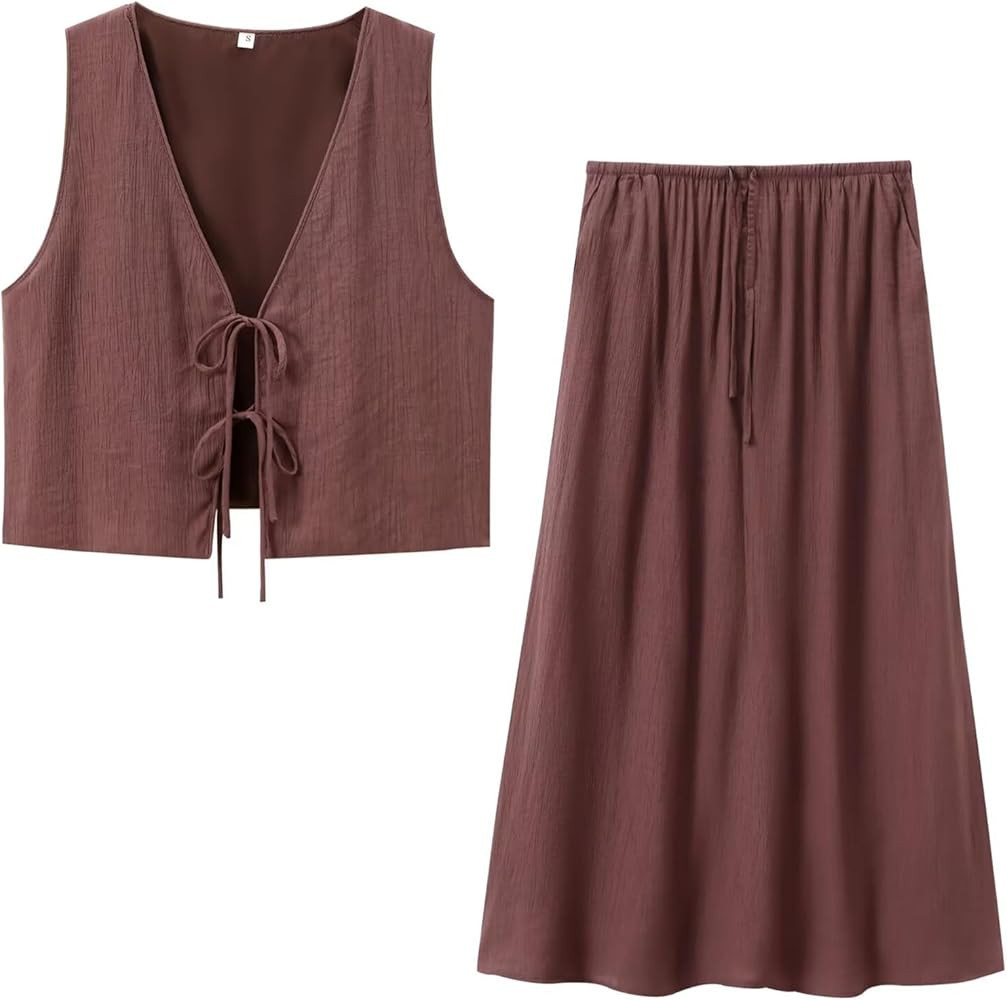 Perbai Women's 2 Piece Beach Linen Sets V Neck Sleeveless Tie Front Tank Crop Top A Line Long Ski... | Amazon (US)