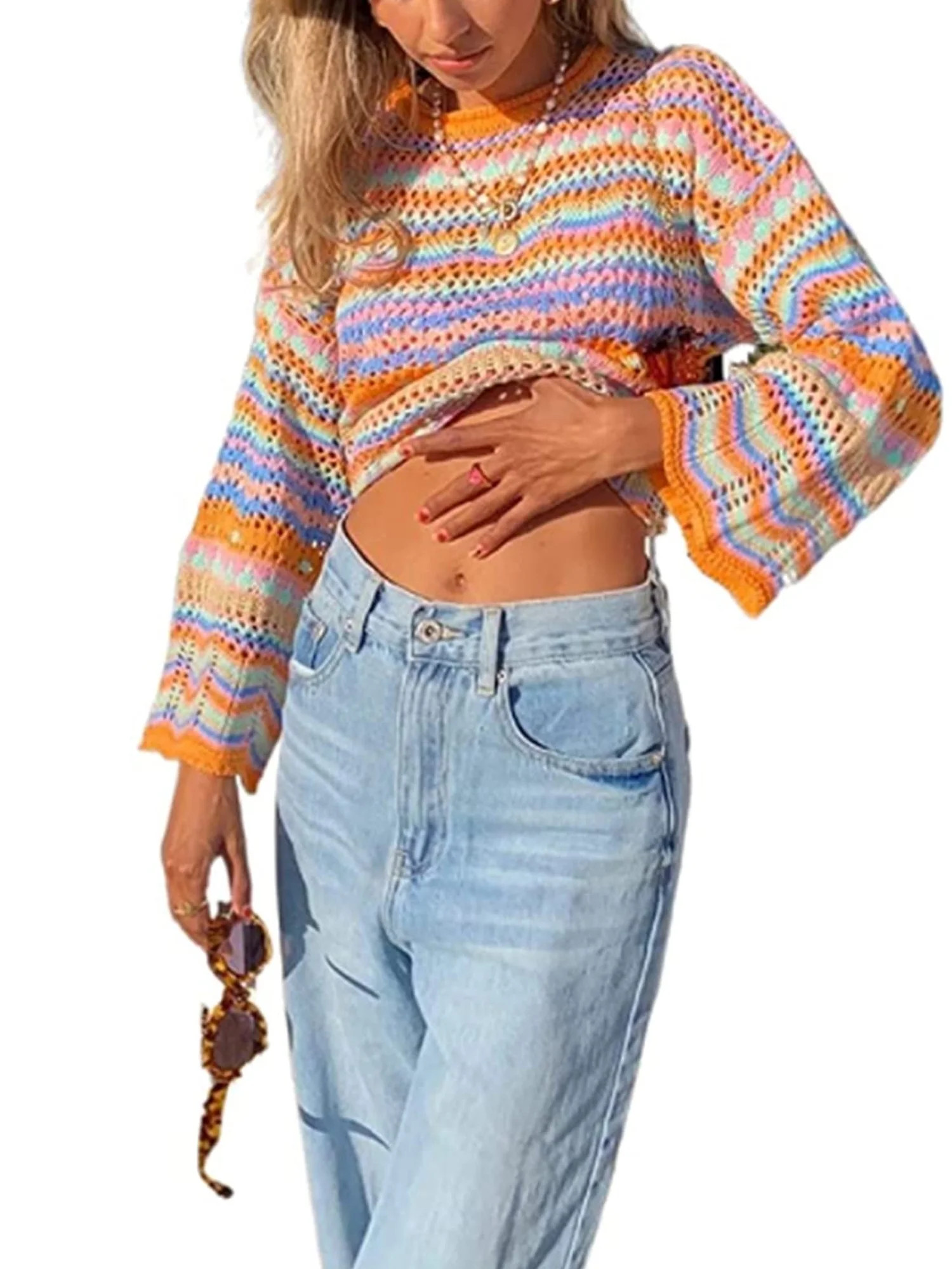 Musuos Women Crochet Knit Pullover Sweater Striped  Crop Top Casual Hollow Out Jumper Top | Walmart (US)