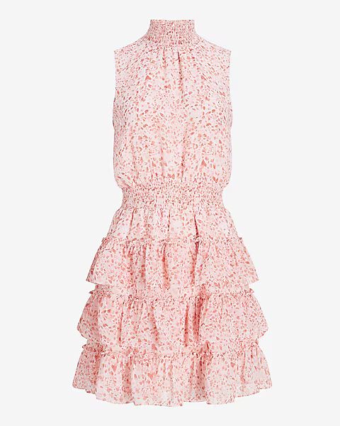 Printed Smocked Mock Neck Tiered Ruffle Dress | Express